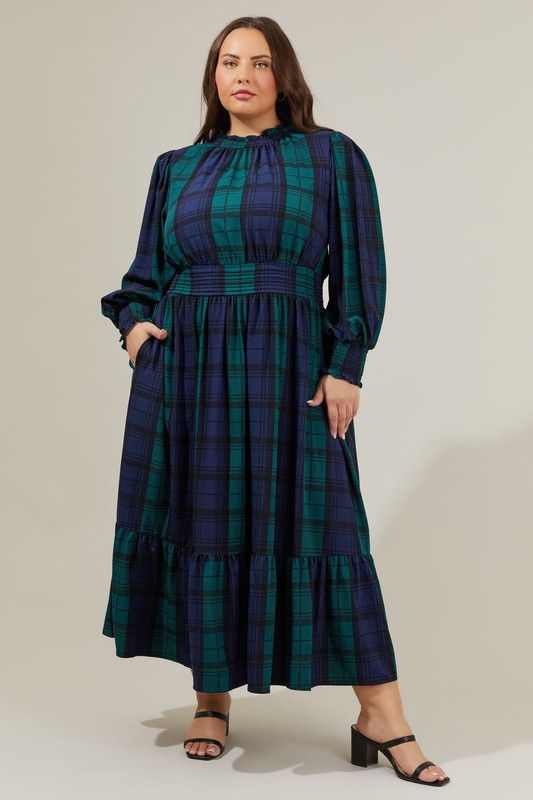 Hudson Plaid Caitlyn Smock Sleeve Midi Dress