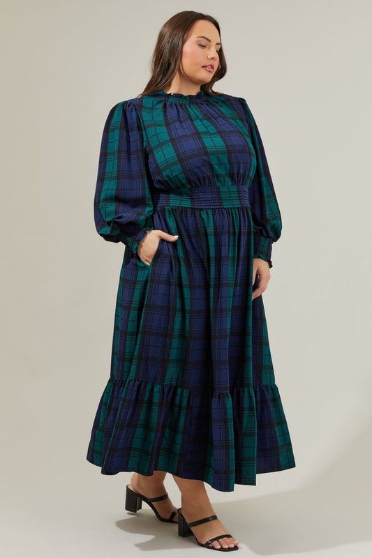 Hudson Plaid Caitlyn Smock Sleeve Midi Dress