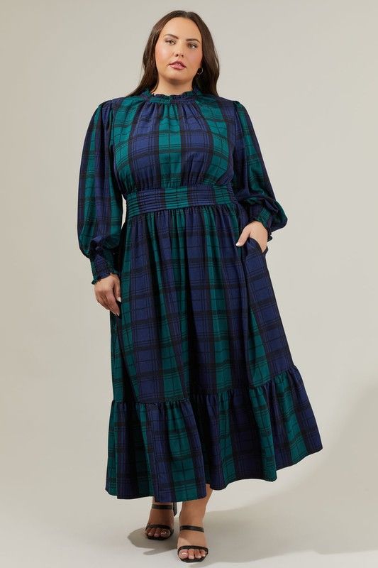 Hudson Plaid Caitlyn Smock Sleeve Midi Dress