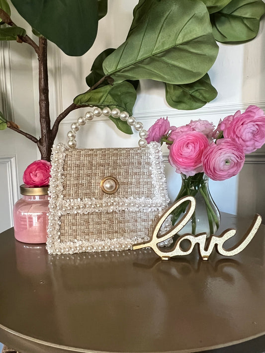 Pearly Studded Woven Hand Bag