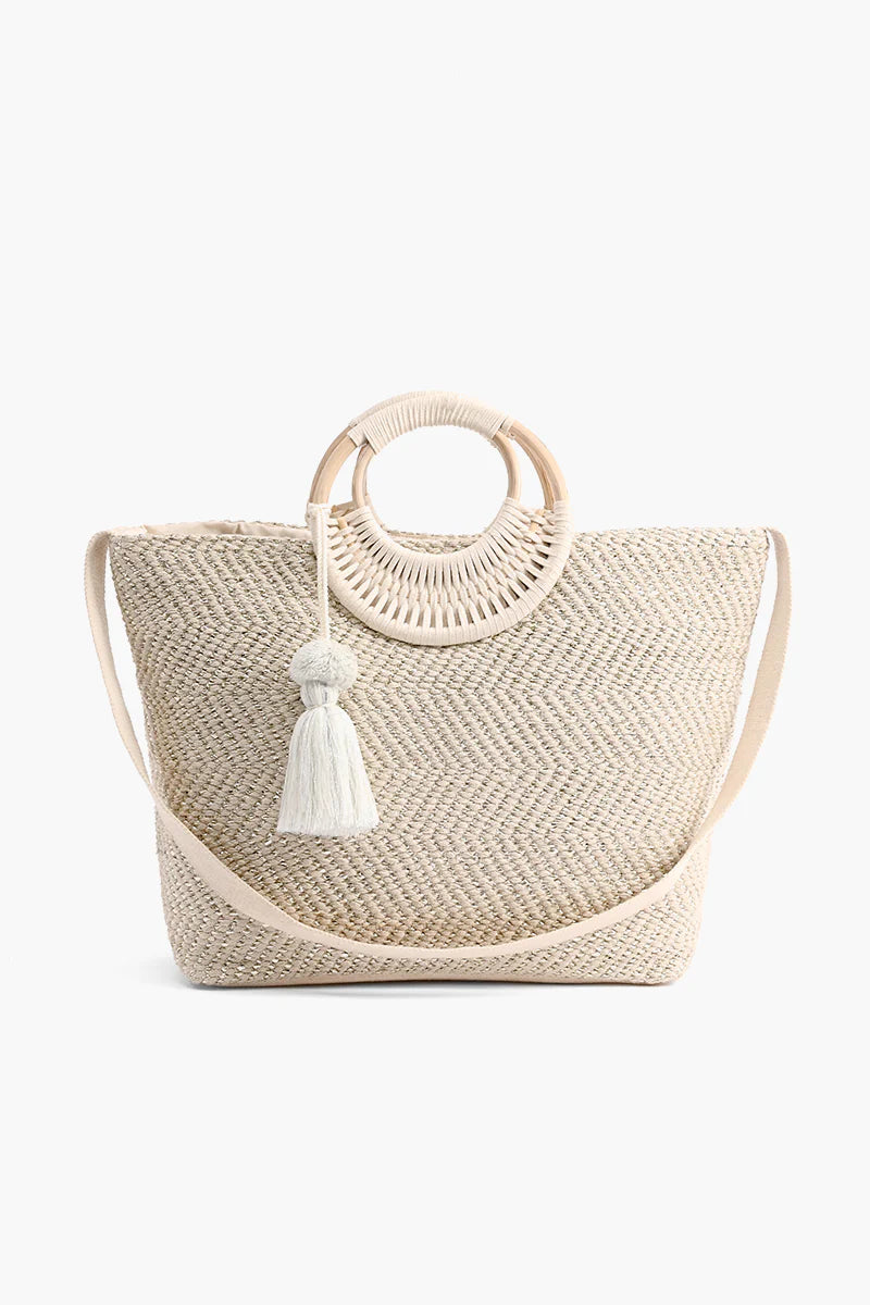 Birch Lurex Durrie Cane Handle Hand-Woven Large White Tote