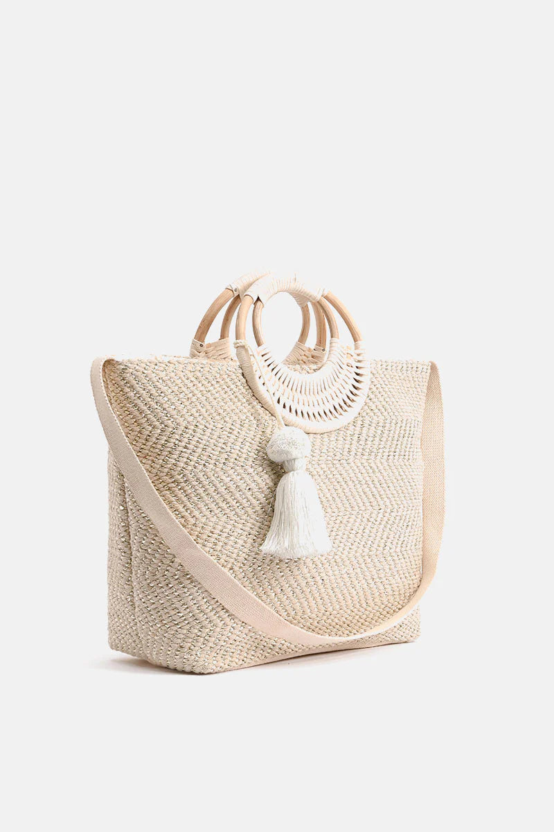 Birch Lurex Durrie Cane Handle Hand-Woven Large White Tote