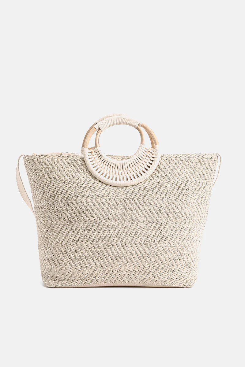 Birch Lurex Durrie Cane Handle Hand-Woven Large White Tote