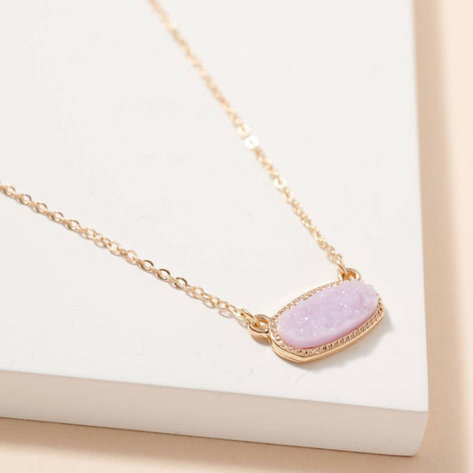 Oval Druzy Lavender Stone Charm Short Necklace