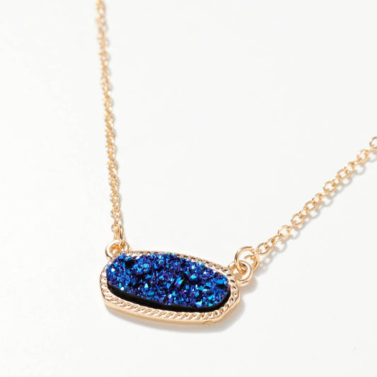 Oval Druzy Blue Stone Charm Short Necklace