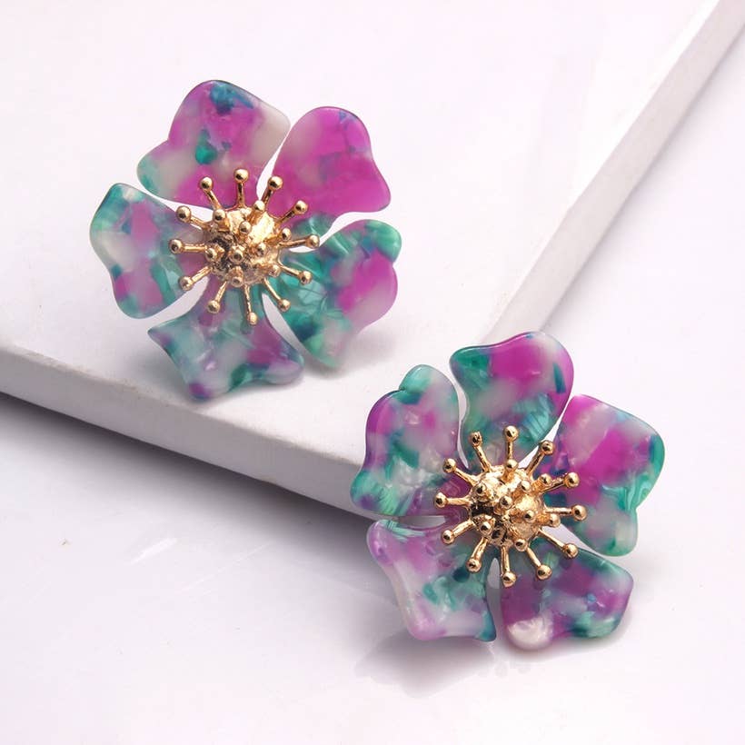 Purple Tortoise Resin Acrylic Flower Gold Center Stud Earrings