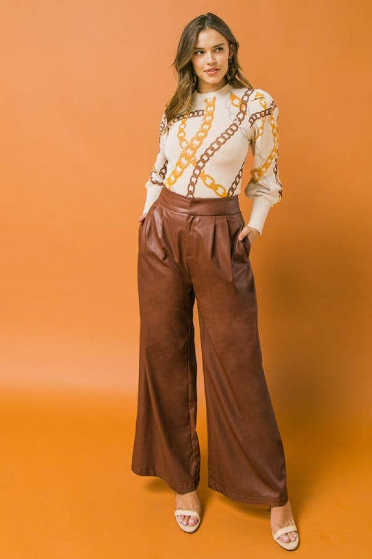 brown faux leather pleated pants
