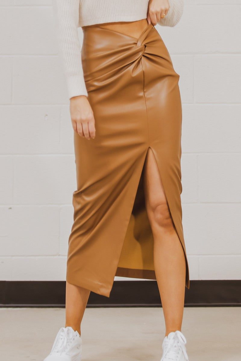 Roxy Twist front Leather Midi Skirt (medium)